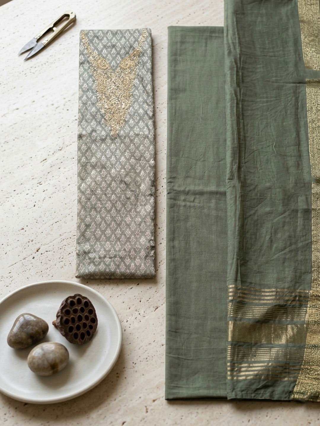 Embroidered Cotton Blend Unstitched Suit With Pant &amp; Dupatta