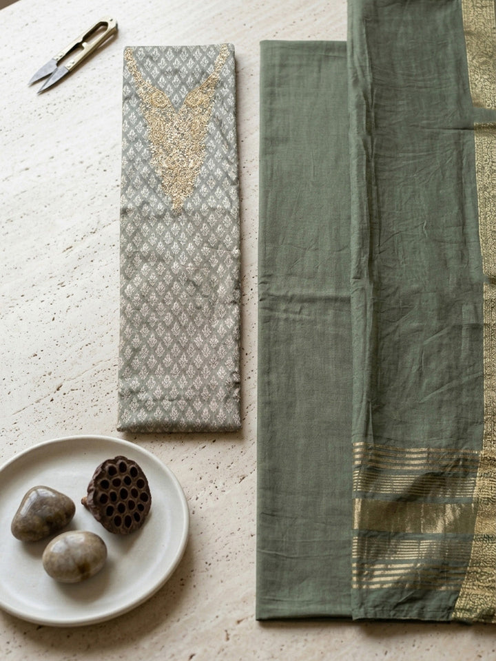 Embroidered Cotton Blend Unstitched Suit With Pant &amp; Dupatta