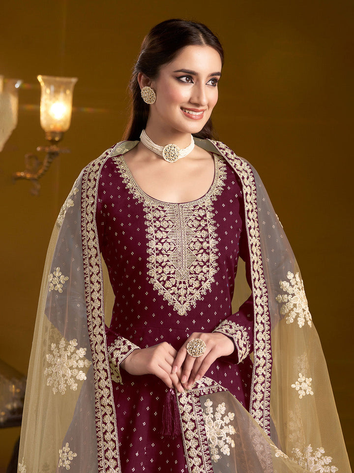 Embroidered Chanderi Semi Stitched Kurta With Salwar &amp; Dupatta