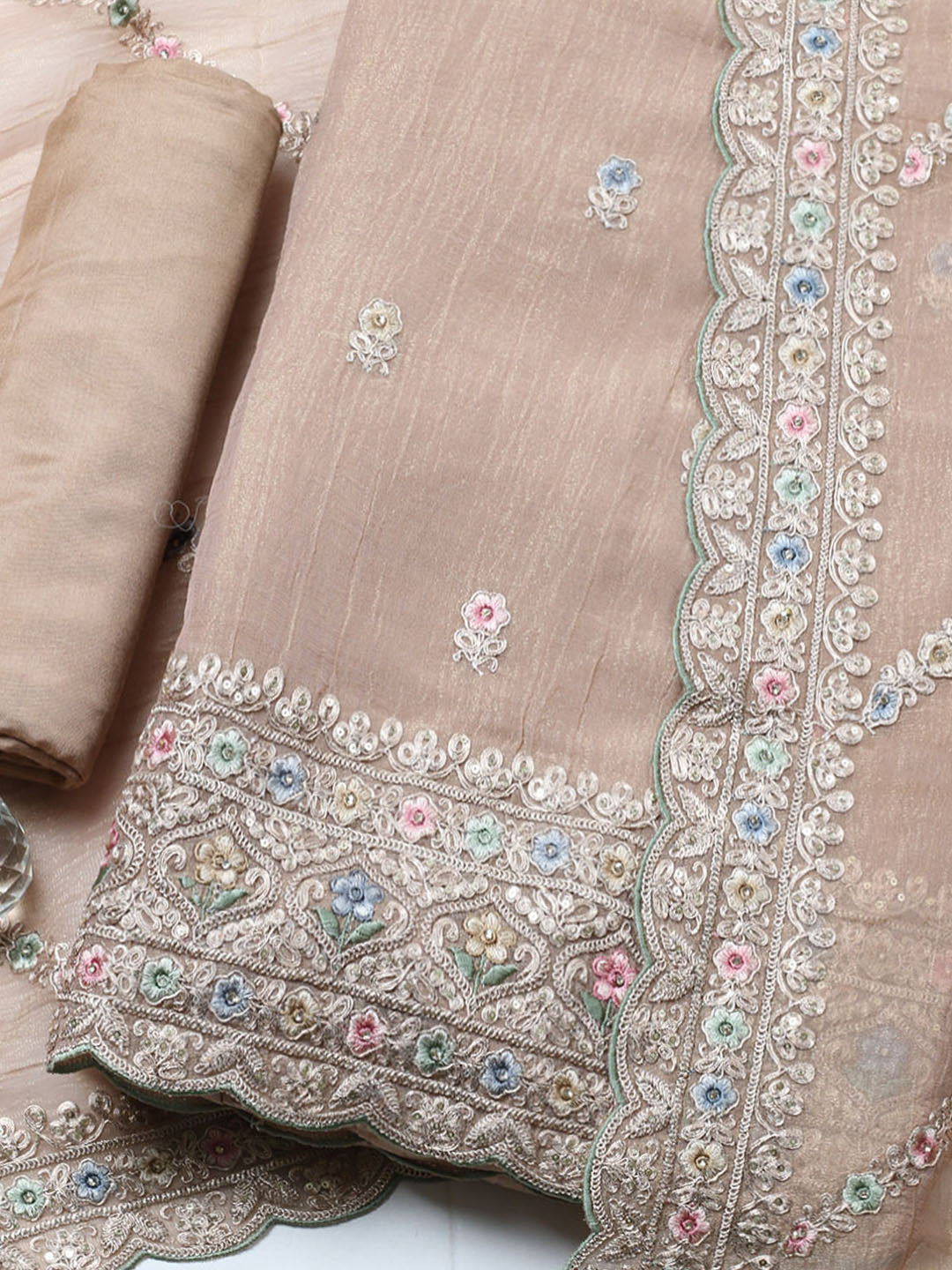 Embroidered Tissue Unstitched Suit With Pant &amp; Dupatta
