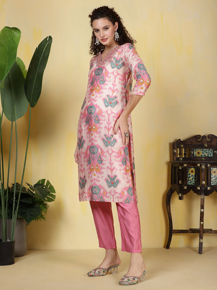 Neck Embroidered Muslin Kurta With Pants