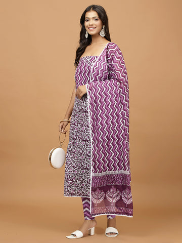 Printed Cotton Blend Unstitched Suit With Dupatta