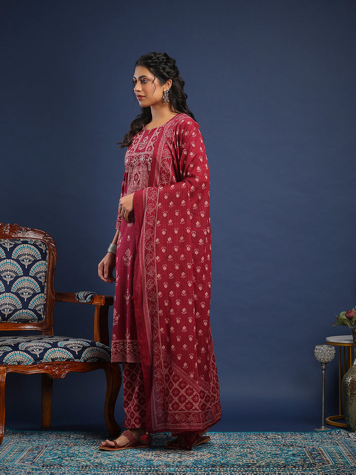 Wine Cotton Blend Printed A Line Suit Set