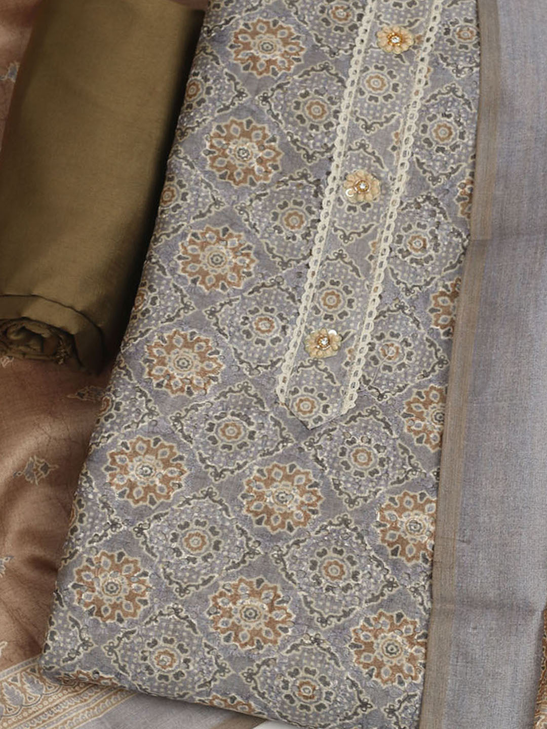 Printed Cotton Unstitched Suit With Pant &amp; Dupatta