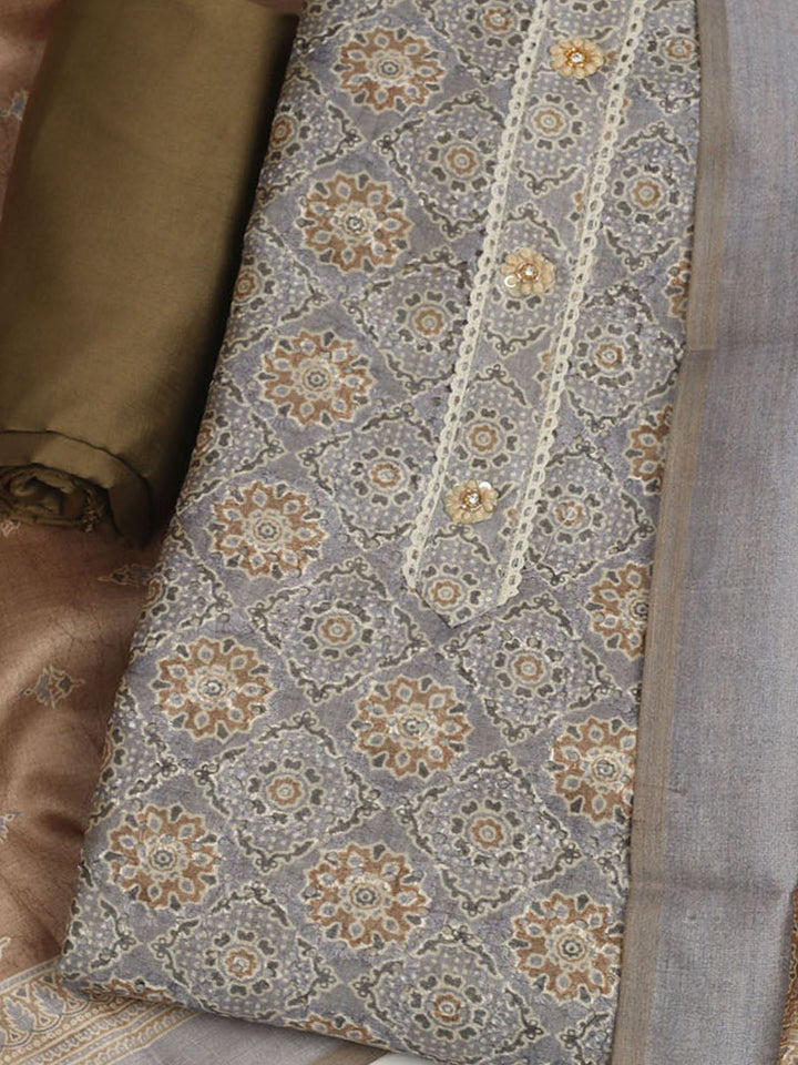 Printed Cotton Unstitched Suit With Pant &amp; Dupatta
