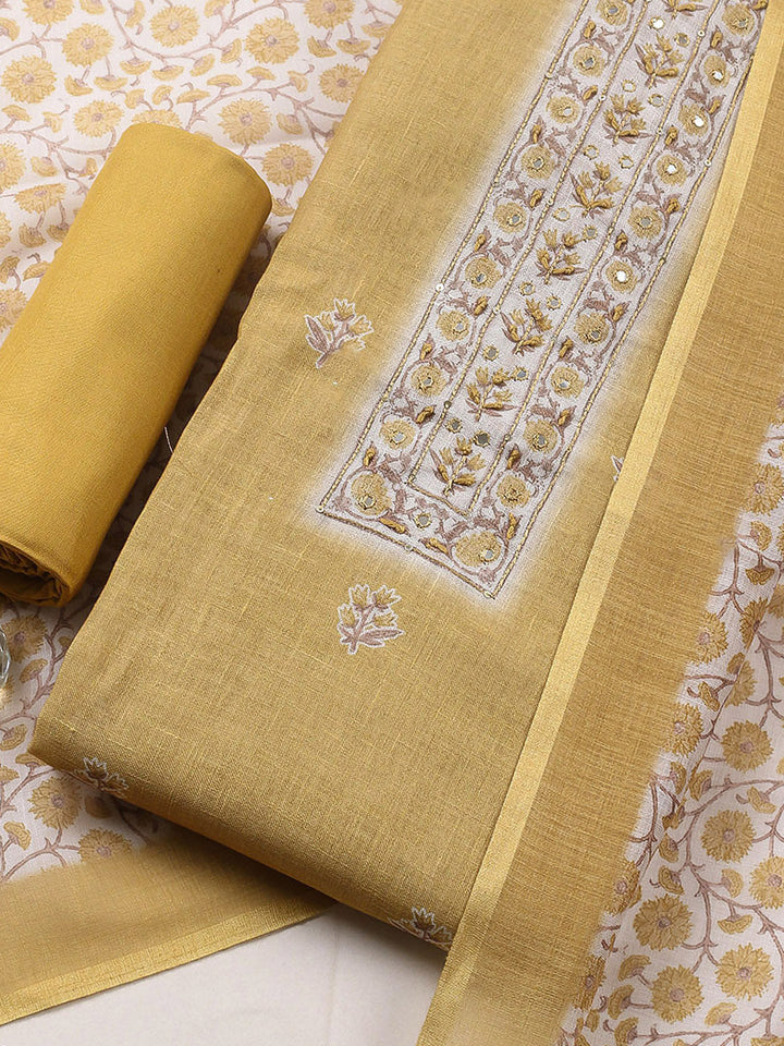 Embroidered Cotton Blend Unstitched Suit With Pant &amp; Dupatta
