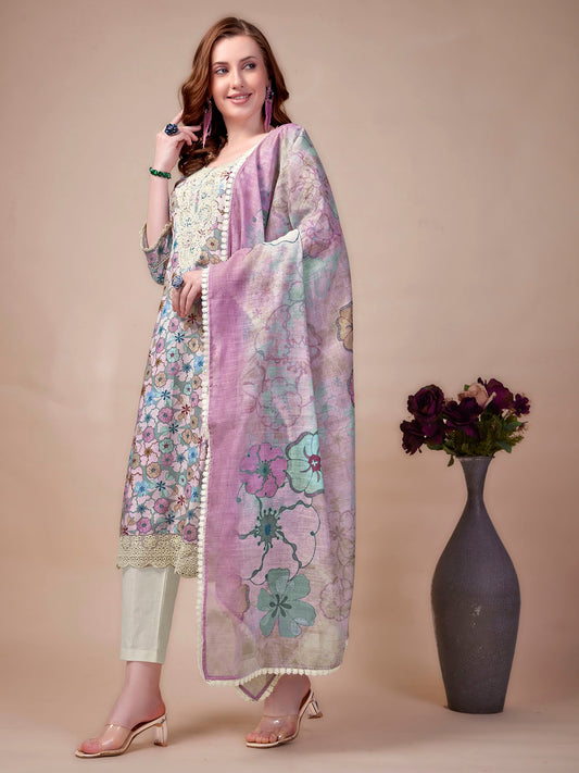 Neck Embroidery Cotton Blend Kurta With Pants & Dupatta