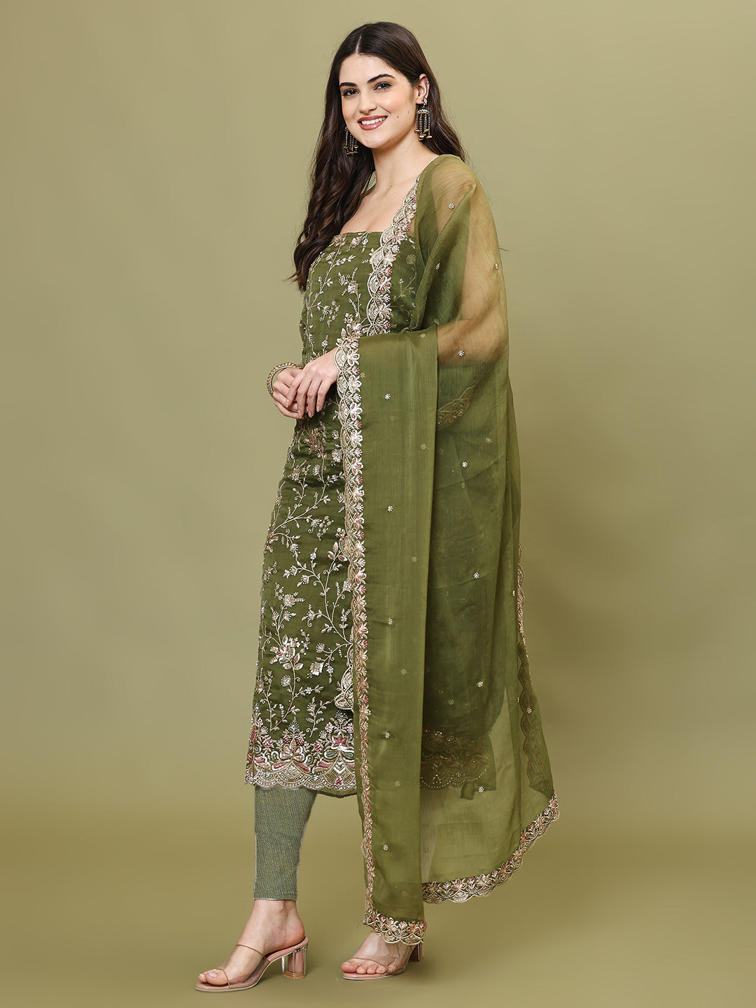 Sequins Work Chinon Unstitched Suit Piece With Dupatta