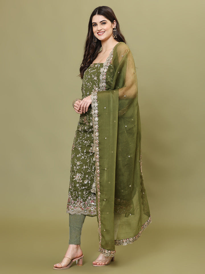 Sequins Work Chinon Unstitched Suit Piece With Dupatta