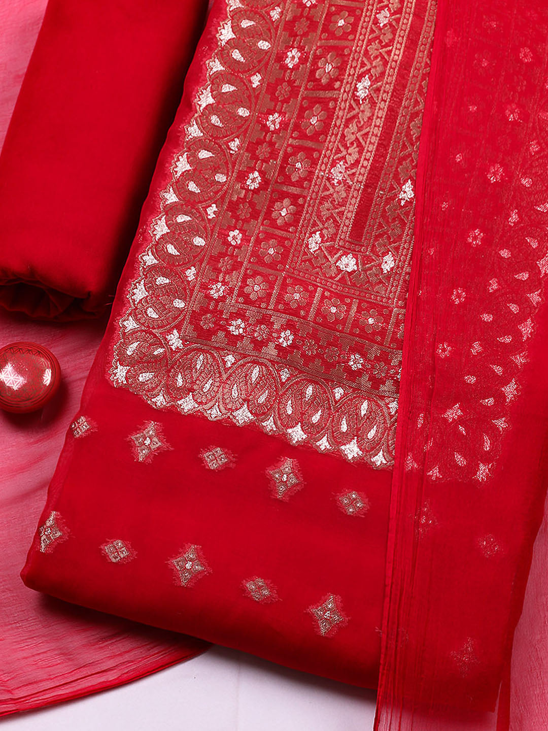 Woven Design Chanderi Unstitched Suit With Pant &amp; Dupatta