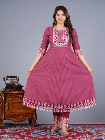 Cotton Anarkali Embroidered Suit Set With Lace