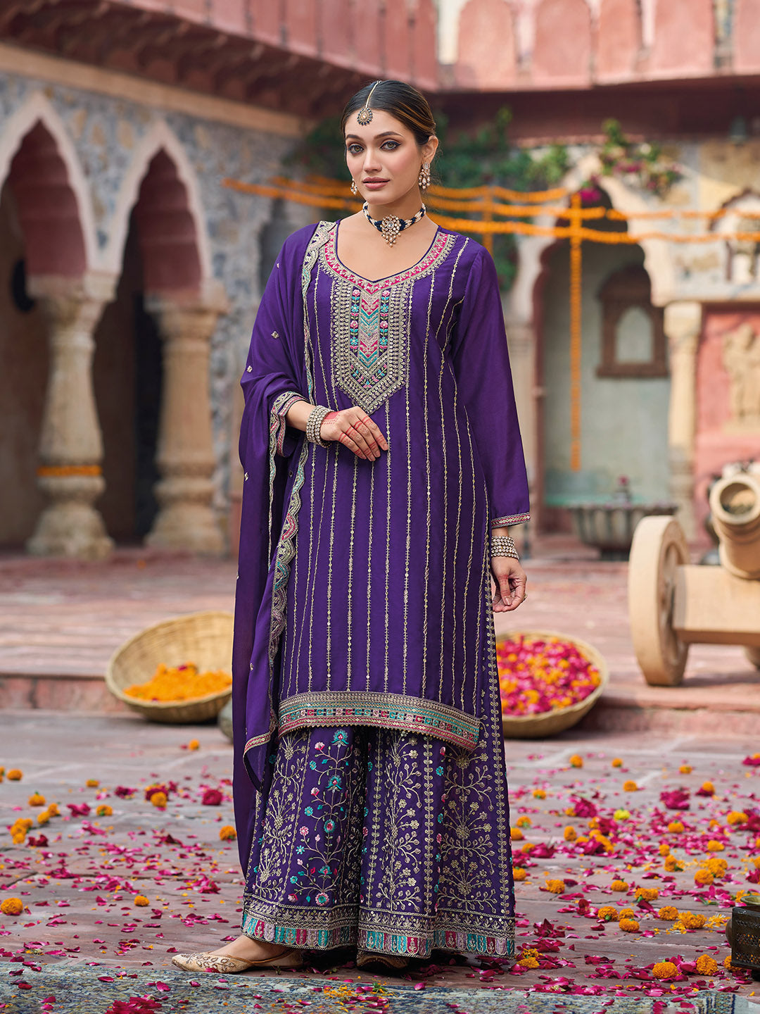 Embroidered Chinon Kurta With Plazzo &amp; Dupatta