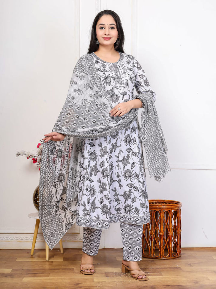 Grey Embroidered Cotton Blend Straight Suit Set With Dupatta