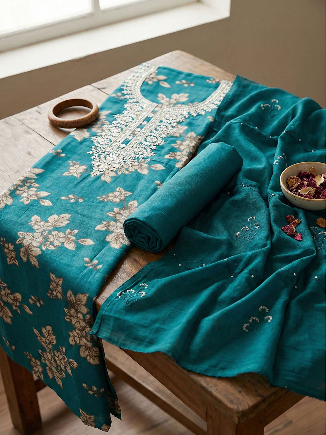 Embroidered Cotton Blend Unstitched Suit With Pant &amp; Dupatta