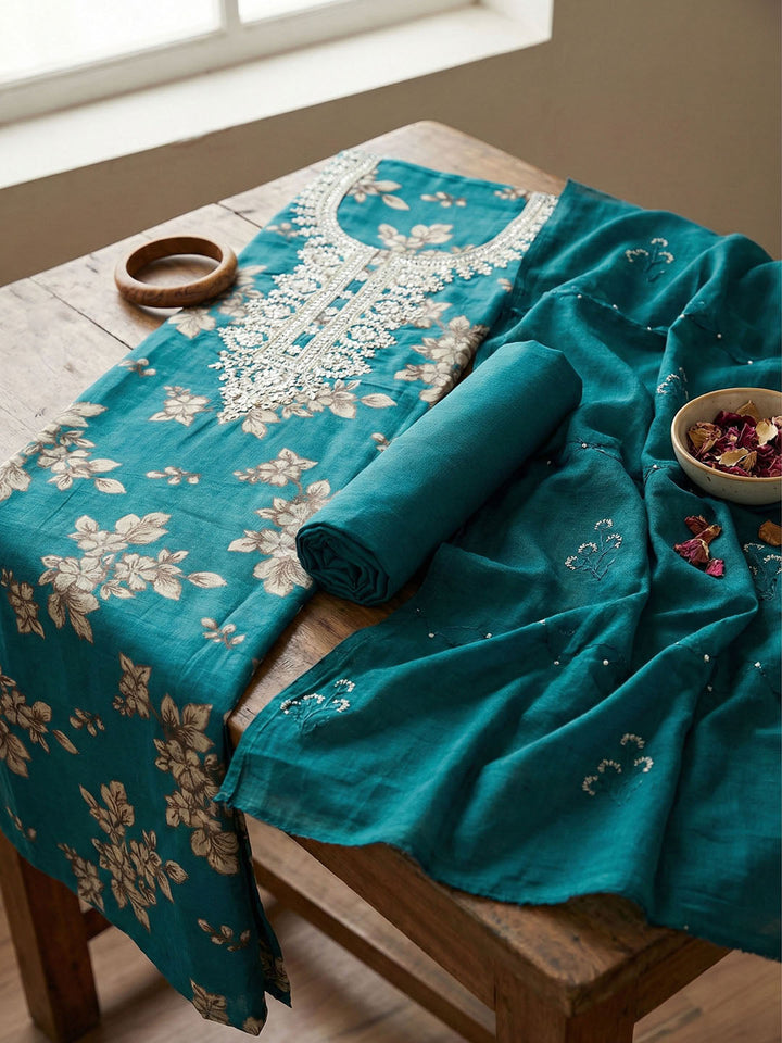 Embroidered Cotton Blend Unstitched Suit With Pant &amp; Dupatta