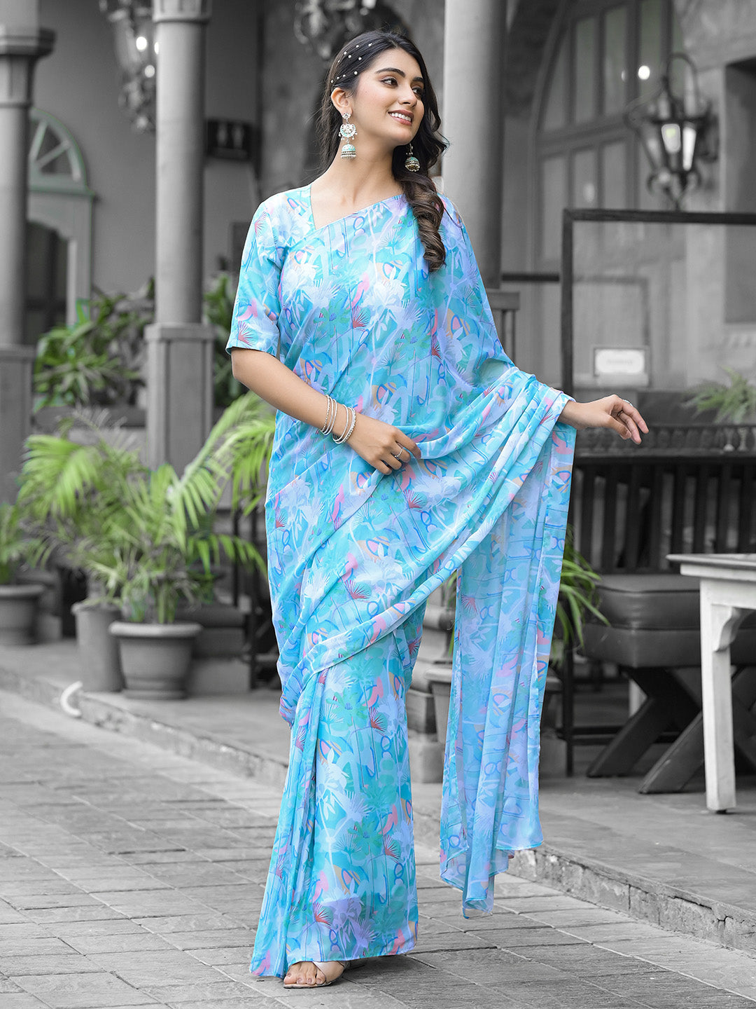 Printed Georgette Readymade Saree With Stitched Blouse