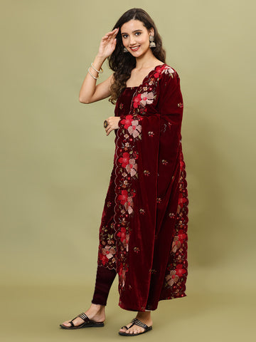 Embroidered Velvet Unstitched Suit Piece With Dupatta