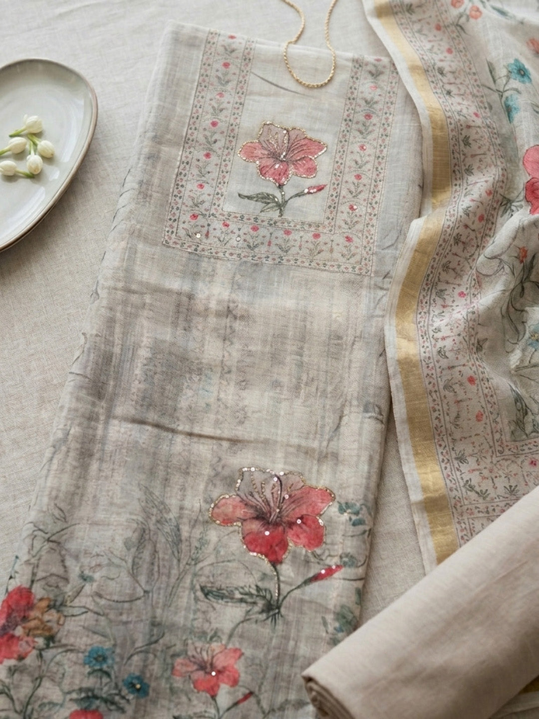 Printed Linen Blend Unstitched Suit With Pant &amp; Dupatta