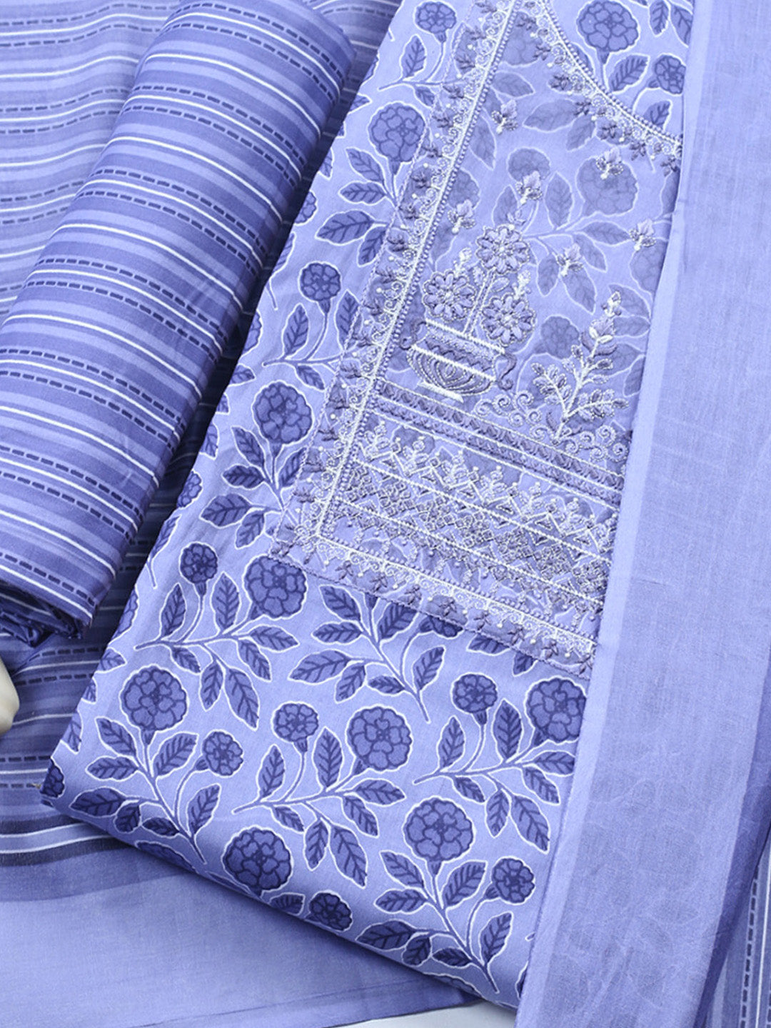 Embroidered Cotton Blend Unstitched Suit With Pant &amp; Dupatta