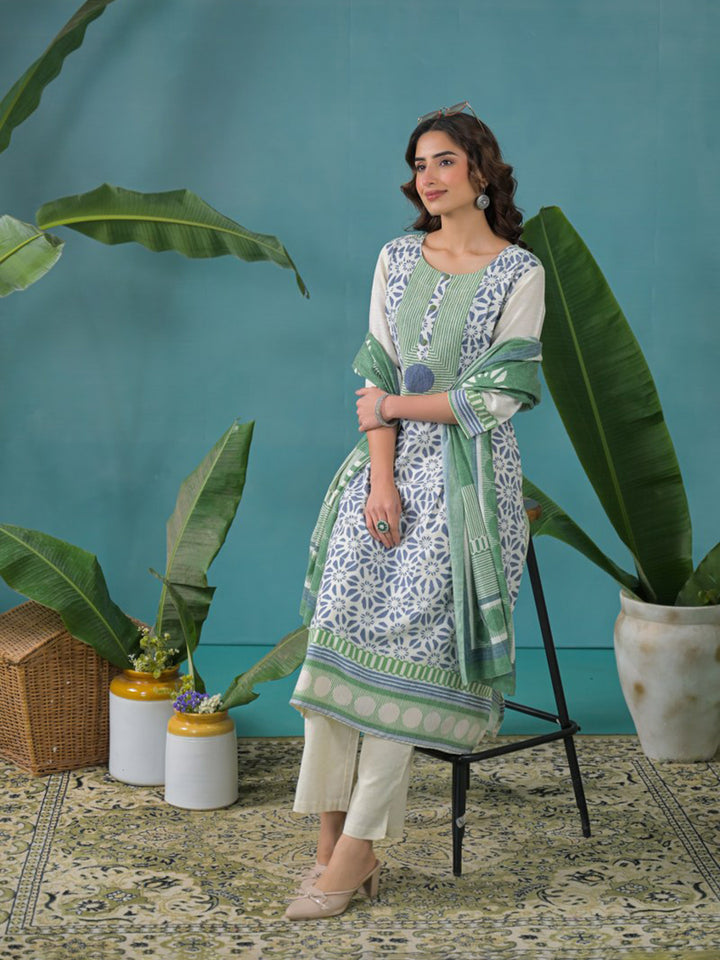 Cream Cotton Blend Printed Straight Suit Set