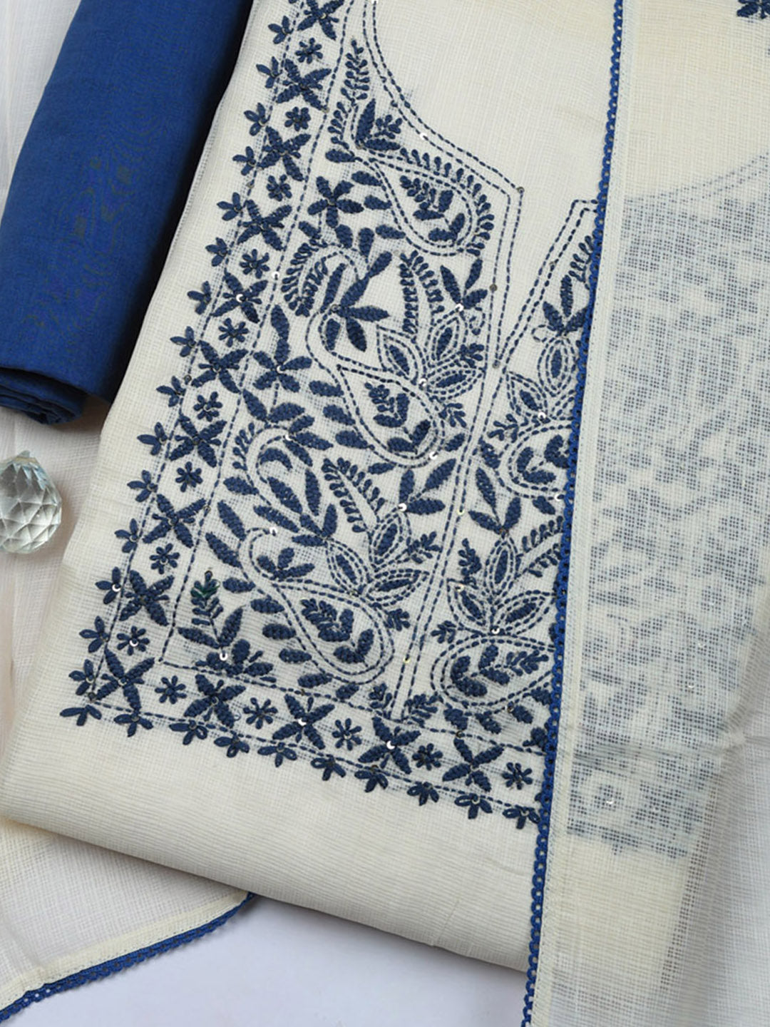 Embroidered Cotton Blend Unstitched Suit With Pant &amp; Dupatta