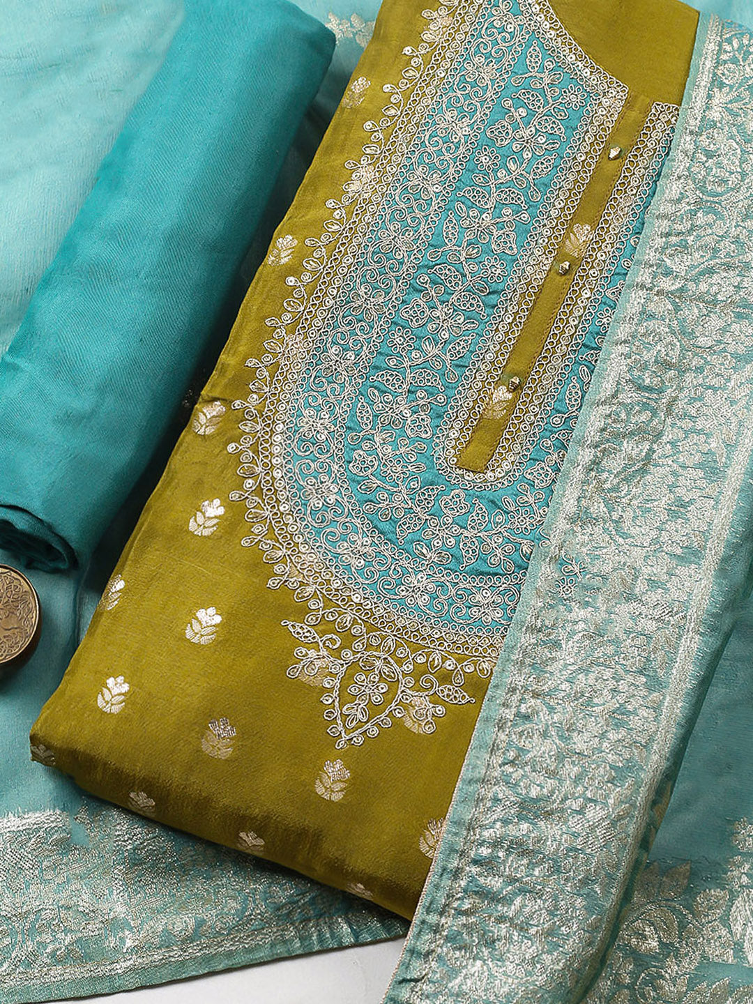 Embroidered Chanderi Unstitched Suit With Pant &amp; Dupatta