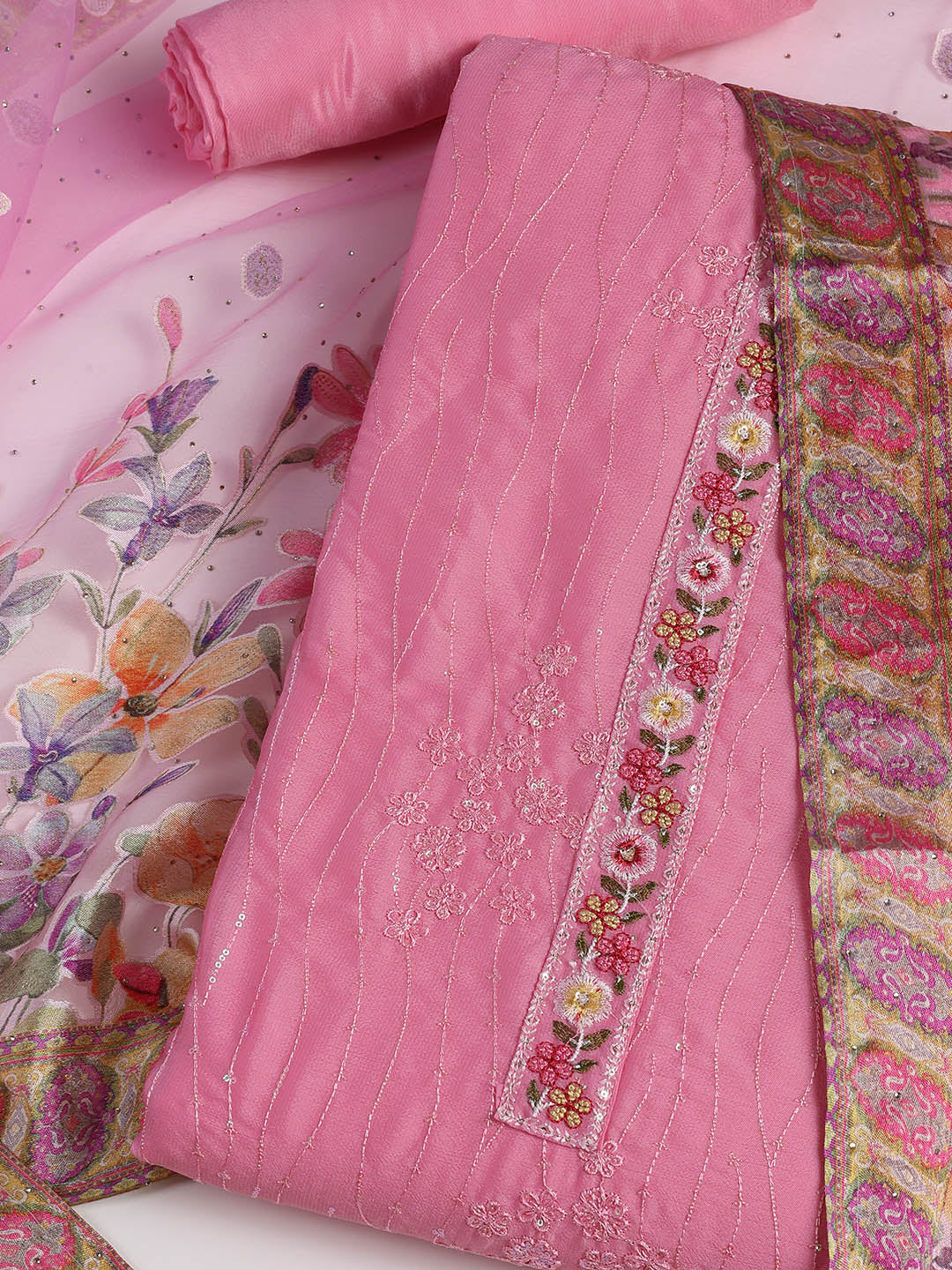 Embroidered Chinon Unstitched Suit With Dupatta