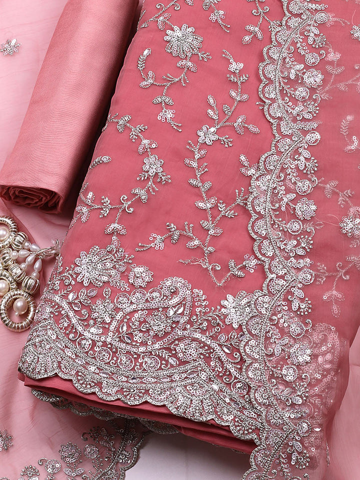 Embroidered Organza Unstitched Suit With Pant &amp; Dupatta