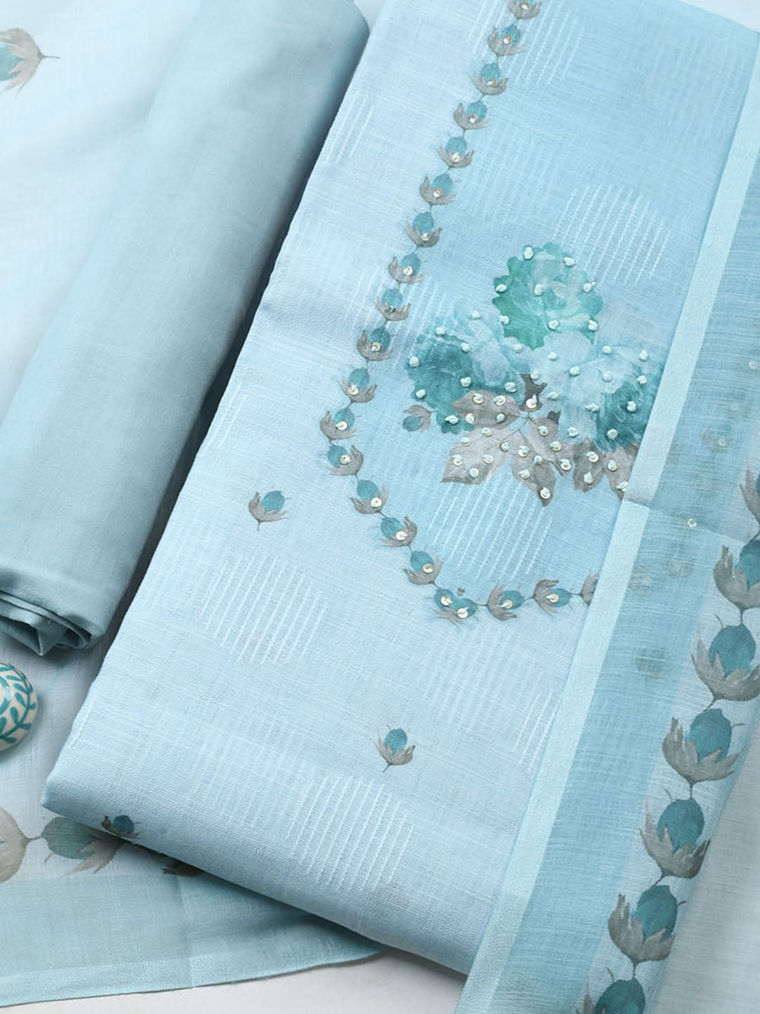 Embroidered Linen Blend Unstitched Suit With Pant Dupatta