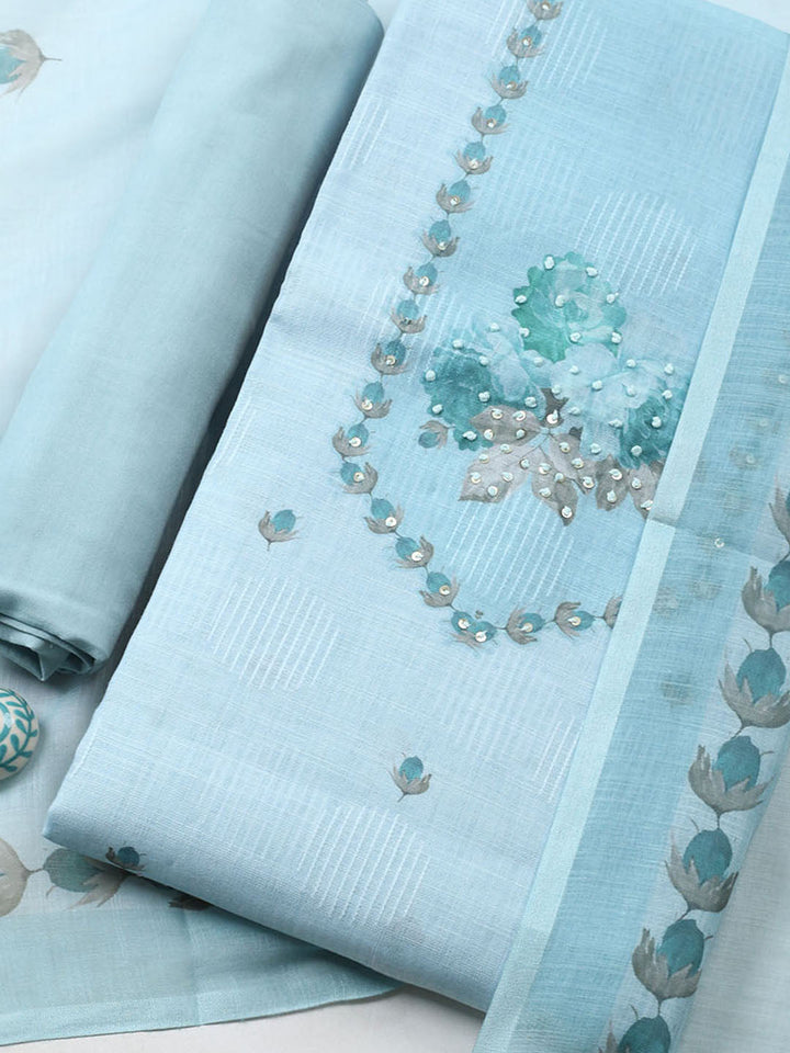 Embroidered Linen Blend Unstitched Suit With Pant Dupatta