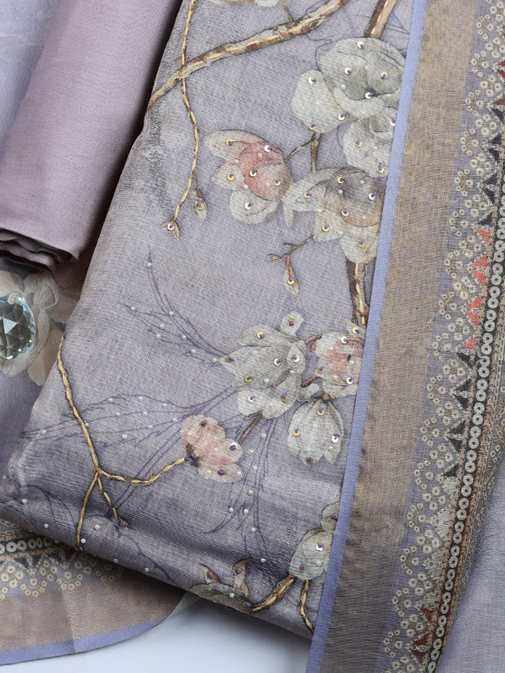 Printed Linen Blend Unstitched Suit With Pant &amp; Dupatta