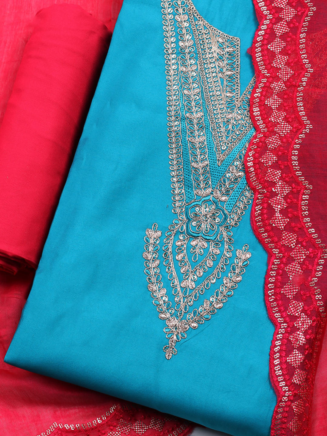 Neck Embroidered Chanderi Unstitched Suit With Dupatta