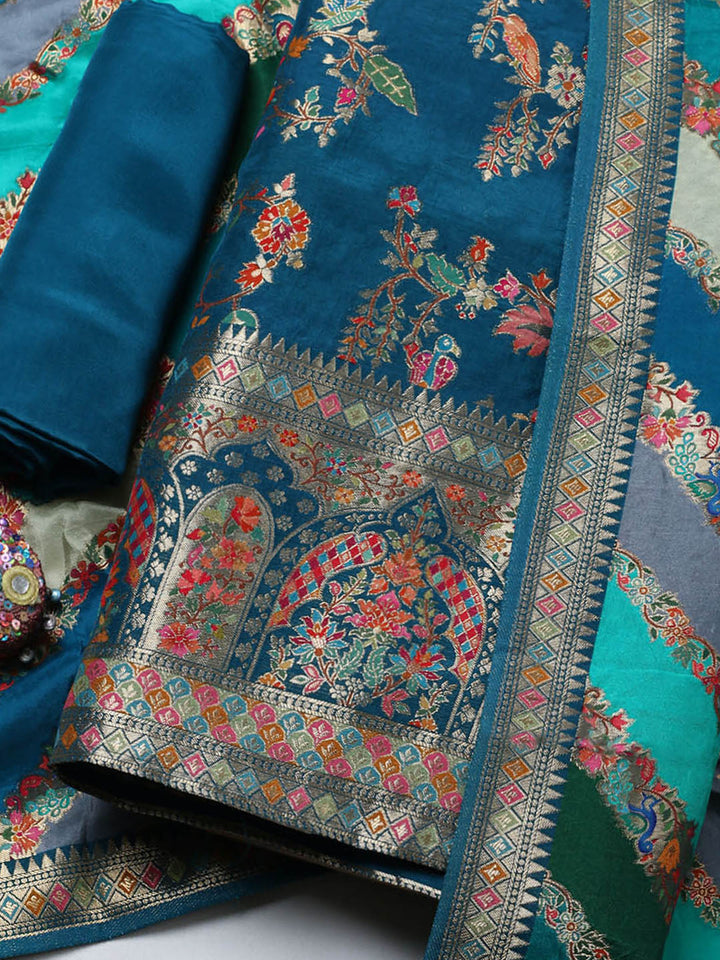 Woven Design Dola Silk Unstitched Suit With Pant &amp; Dupatta