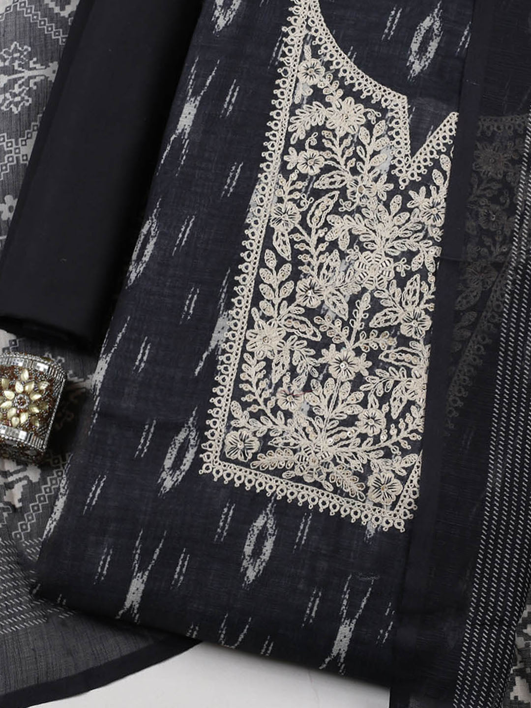 Embroidered Linen Blend Unstitched Suit With Pant &amp; Dupatta