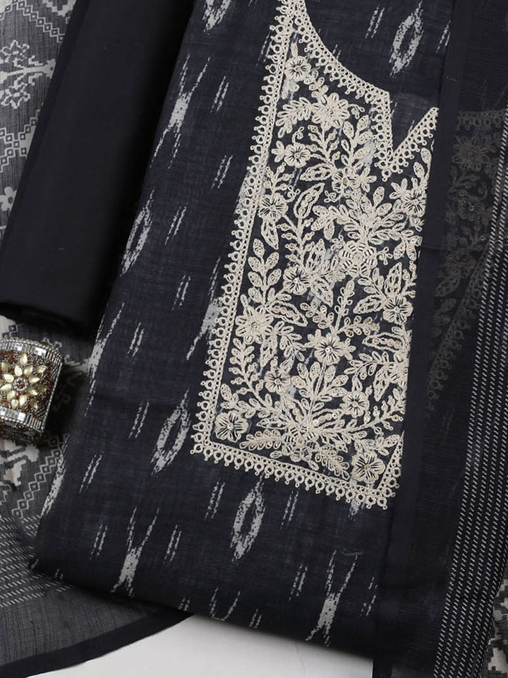 Embroidered Linen Blend Unstitched Suit With Pant &amp; Dupatta