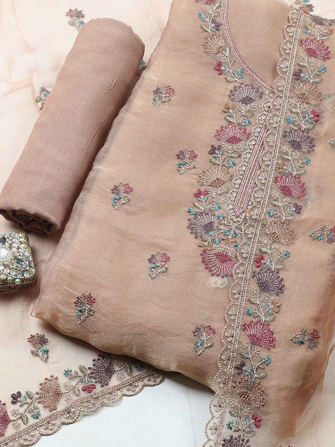 Embroidered Organza Unstitched Suit With Pant &amp; Dupatta