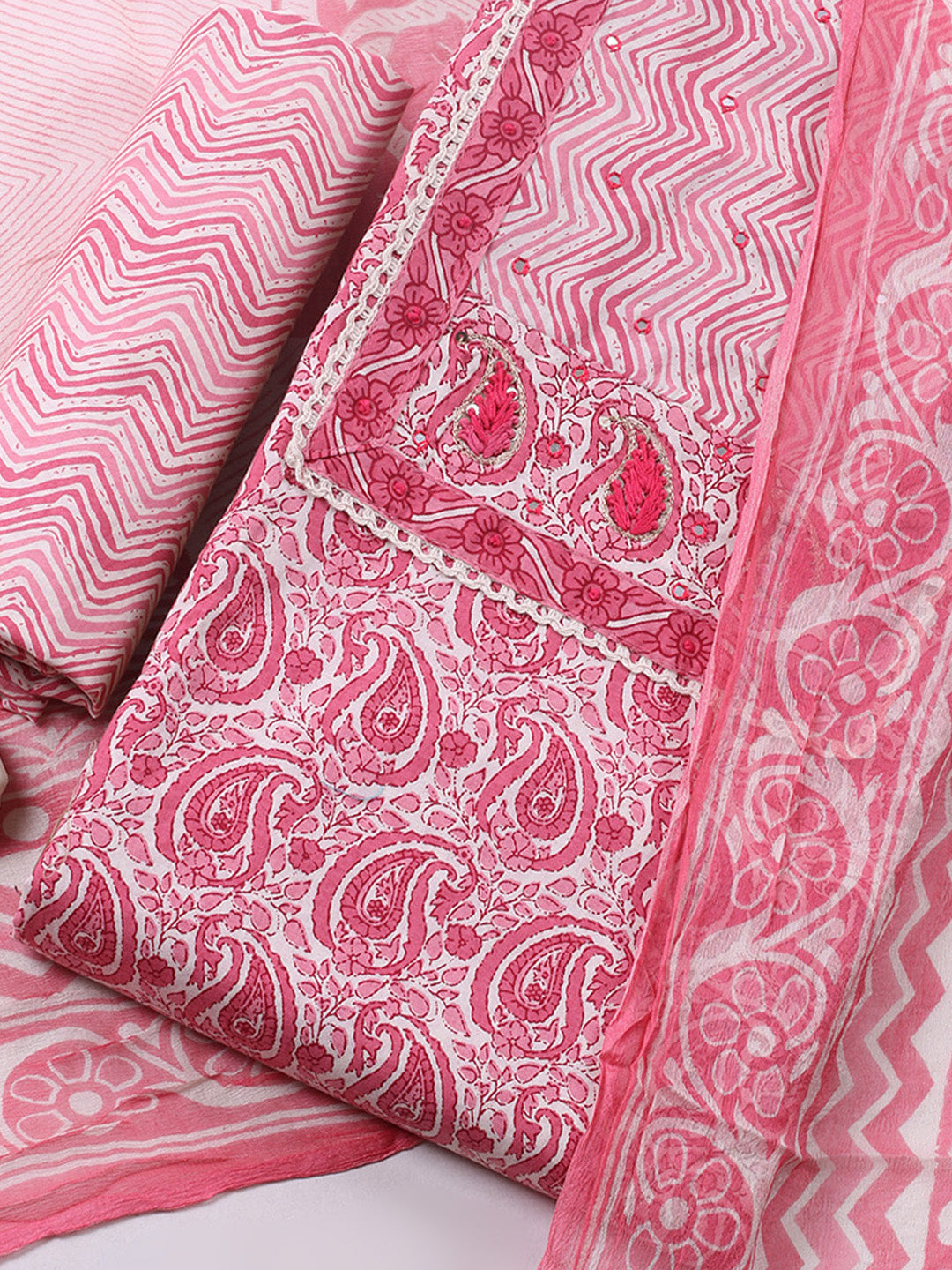 Embroidered Cotton Blend Unstitched Suit With Pant &amp; Dupatta