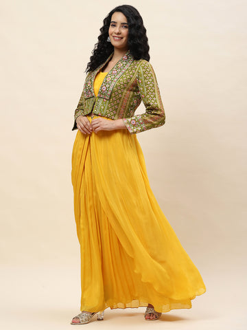 Resham Embroidery Crepe Gown Dress With Jacket