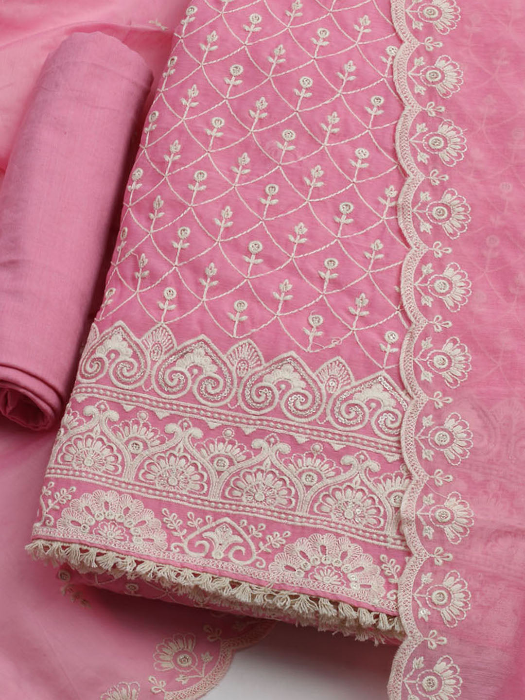 Embroidered Chanderi Unstitched Kurta With Pant & Dupatta