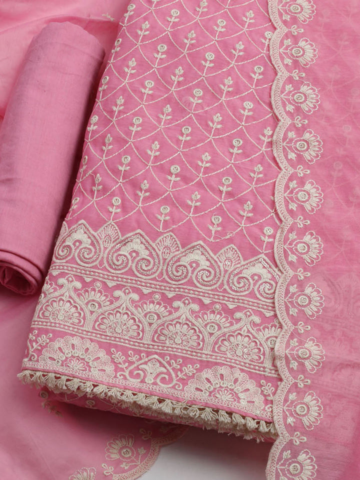 Embroidered Chanderi Unstitched Kurta With Pant &amp; Dupatta