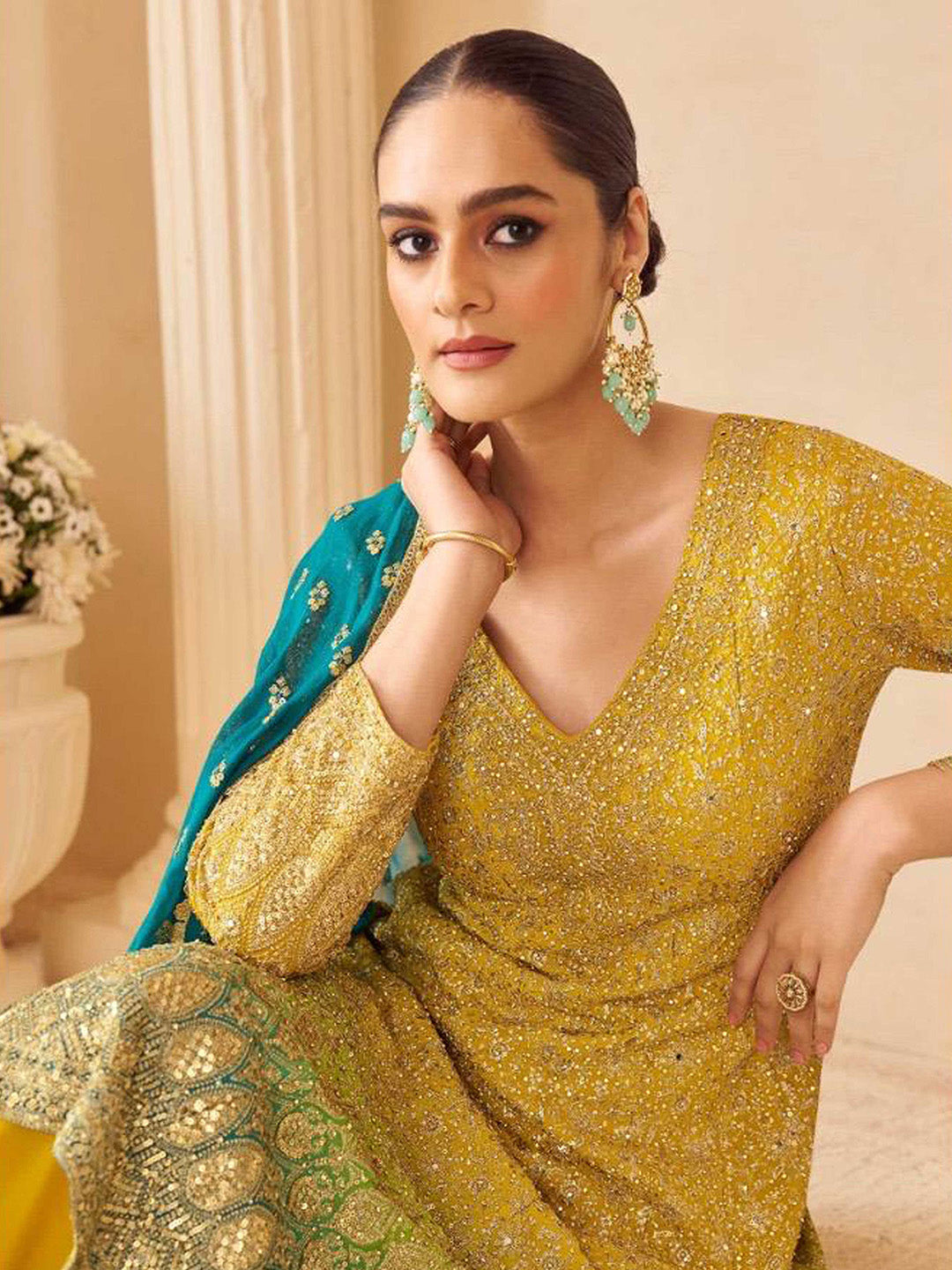 Embroidered Georgette Kurta With Gharara &amp; Dupatta