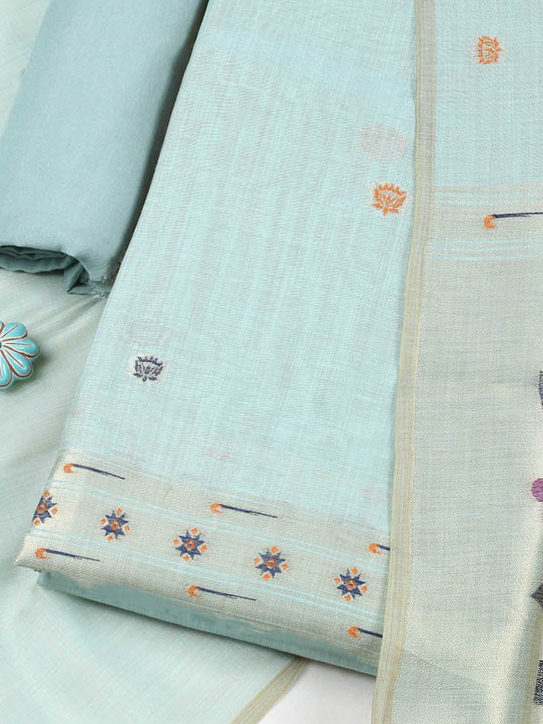 Embroidered Chanderi Unstitched Suit With Pant &amp; Dupatta
