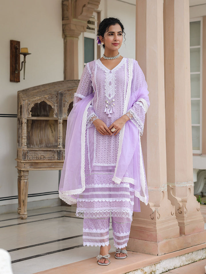 Lavender Embroidered Cotton Blend A-Line Suit Set With Dupatta