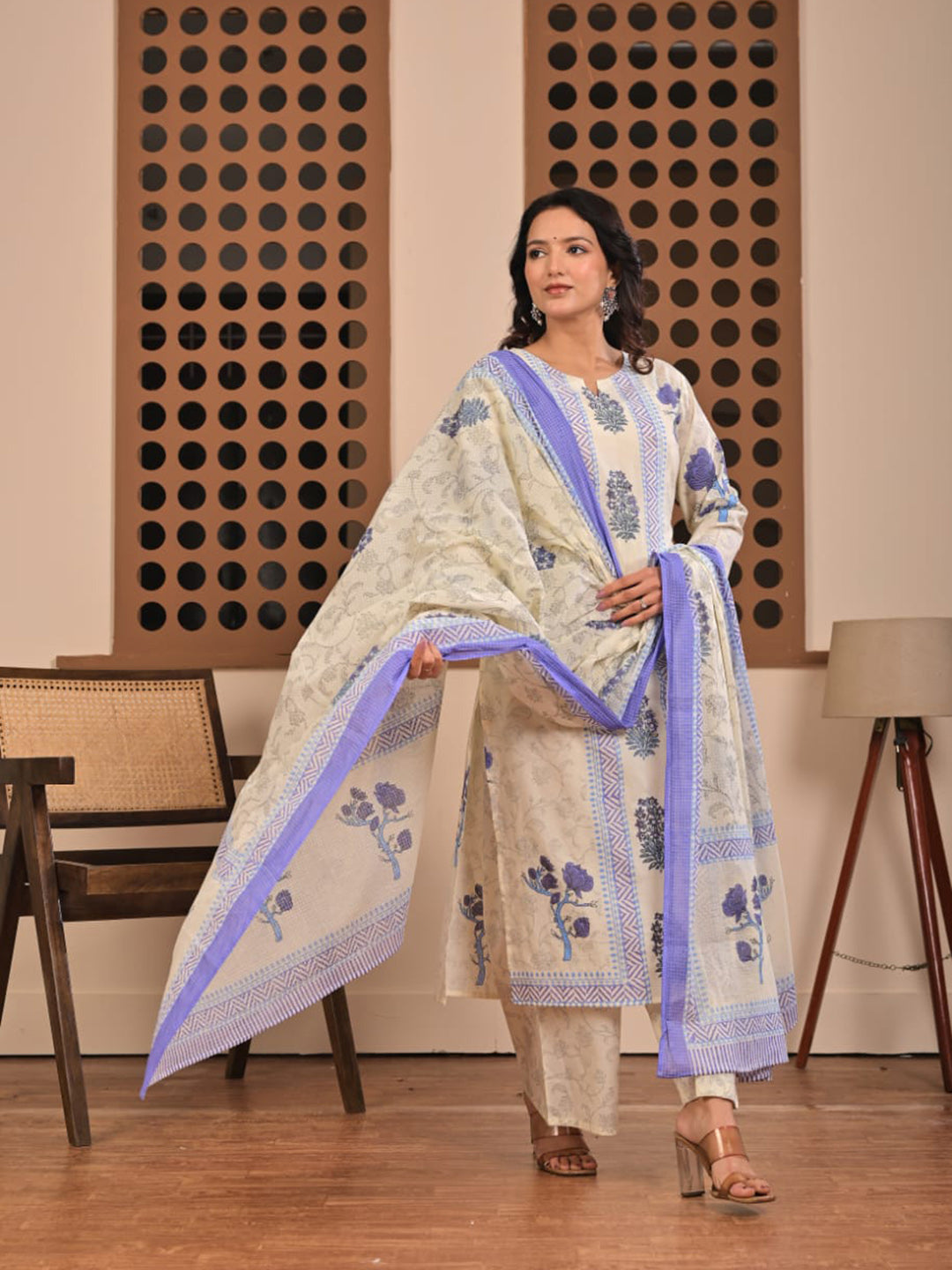 Cream Blue Cotton Blend Printed Straight Suit Set