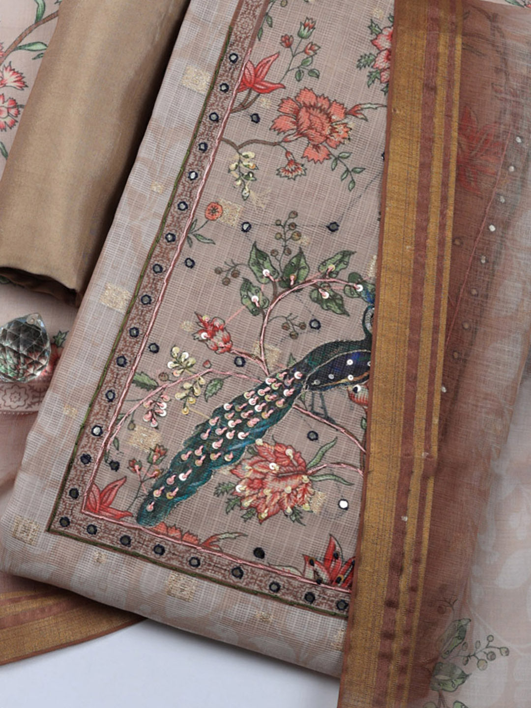 Embroidered Cotton Blend Unstitched Suit With Pant &amp; Dupatta