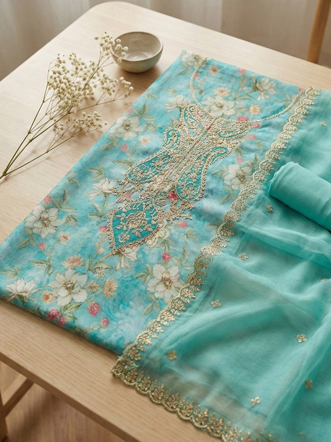 Embroidered Cotton Blend Unstitched Suit With Pant &amp; Dupatta