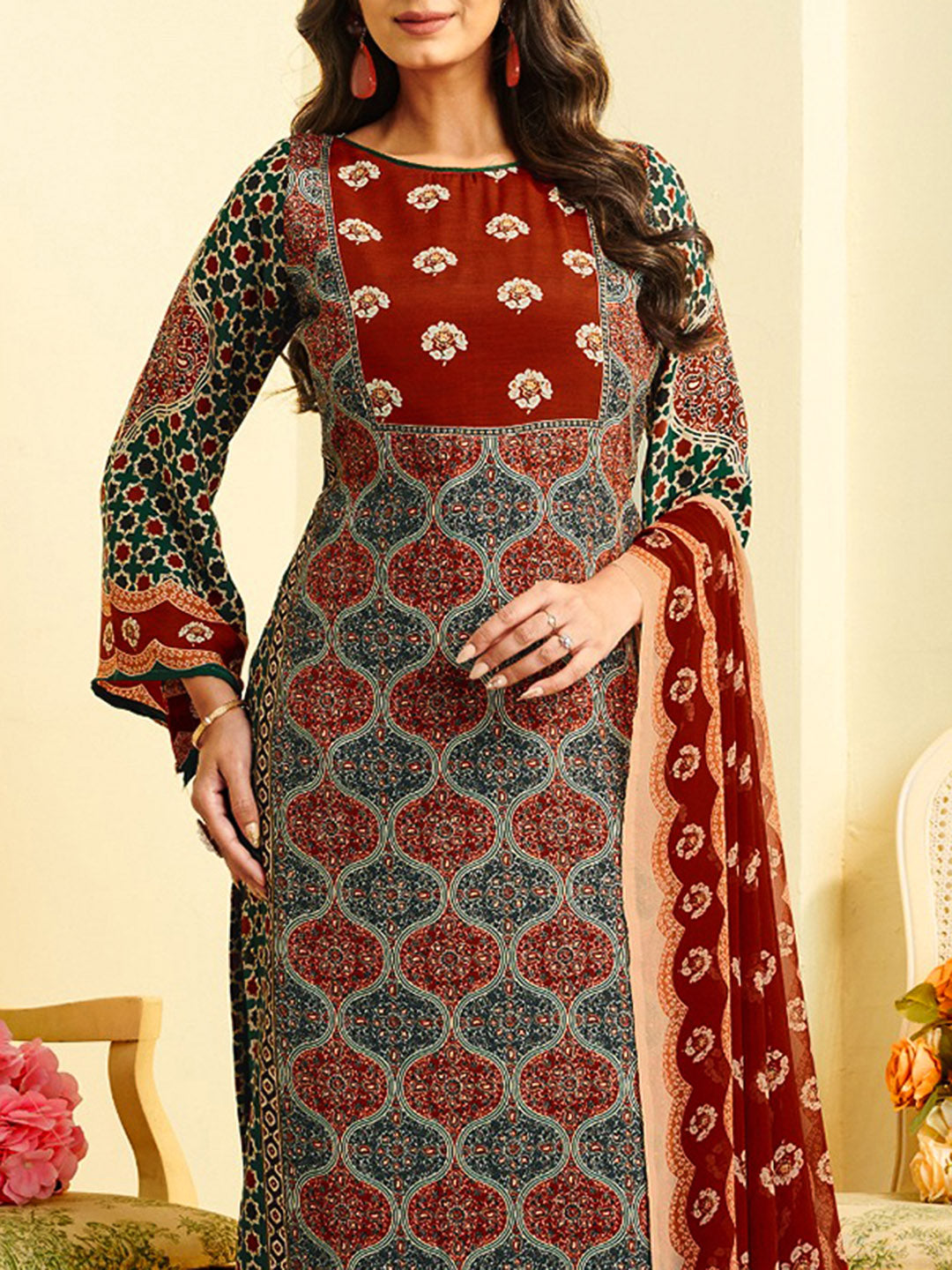 Printed Crepe Unstitched Suit With Pant &amp; Dupatta