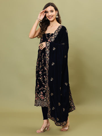 Neck Embroidered Velvet Unstitched Suit Piece With Dupatta