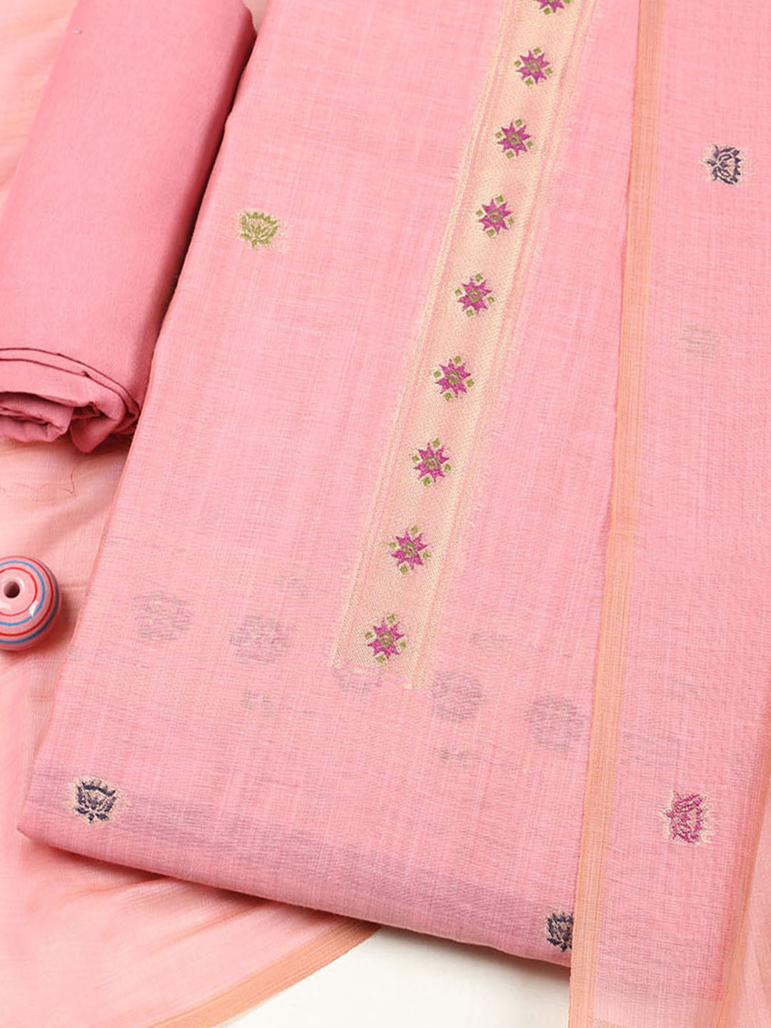 Embroidered Chanderi Unstitched Suit With Pant &amp; Dupatta