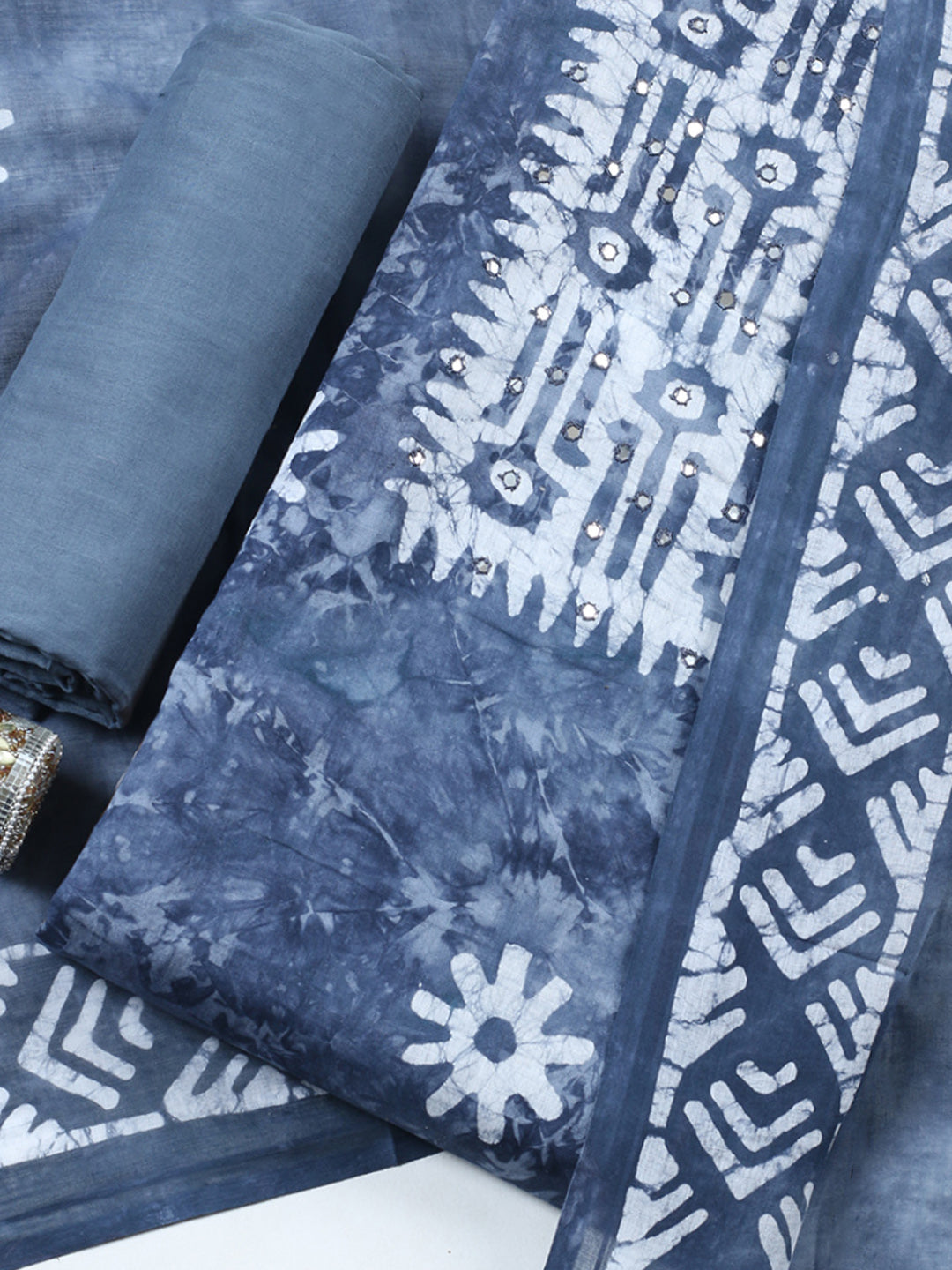 Printed Cotton Blend Unstitched Suit With Pant &amp; Dupatta